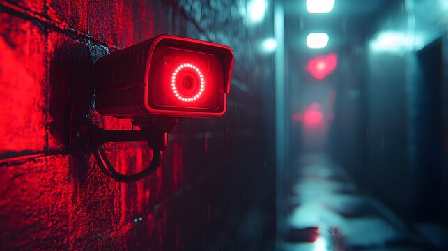 Security camera footage capturing theft in action with urgent red glow illuminating a dim corridor. High tension, surveillance, crime scene, digital security breach concept for business safety.