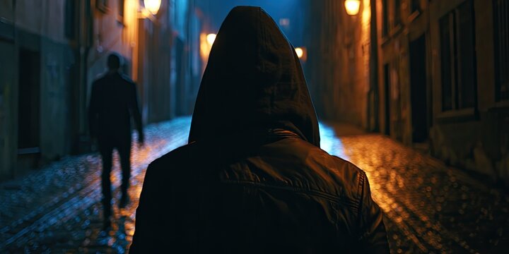 Cloaked figure watches another person walk down a dark, cobblestone alley at night