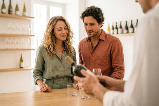 Young happy couple tasting premium wine with sommelier in modern cellar representing luxury lifestyle and choice