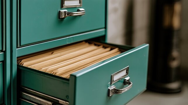 Teal metal filing cabinet with an open drawer filled with manila folders (1)