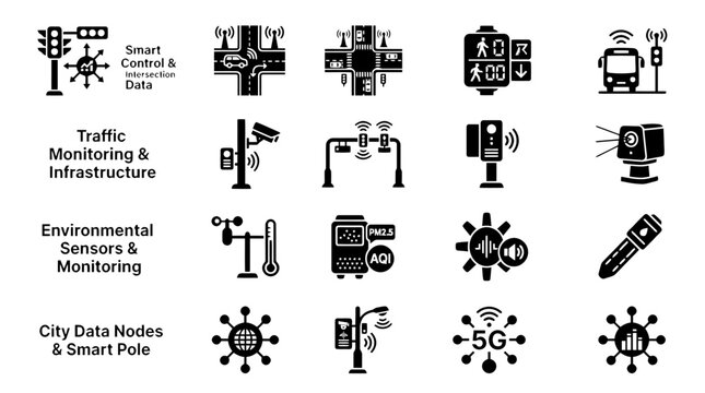 Smart city icon set representing urban technology and infrastructure