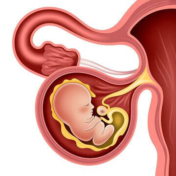 Anatomical of a human fetus inside the uterus, showing the umbilical cord and placenta in a clear medical diagram on white