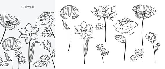 Fototapeta premium Hand drawn flower bouquet line element vector. Collection of foliage, leaves branch, wildflower, poppy, peony, eucalyptus. Spring blossom illustration design for logo, wedding, tattoo, decor.