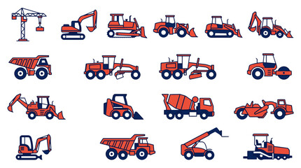 Fototapeta premium Set of Construction Vehicles and Heavy Machinery Icons for Industrial Engineering and Building Site Infrastructure Design Projects