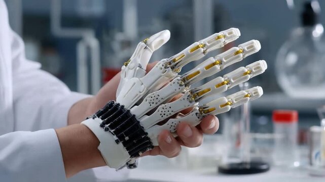 Prosthetic Hand: A close-up shot showcases a person wearing a sophisticated prosthetic hand, with intricate robotic components mimicking a natural skeletal structure.