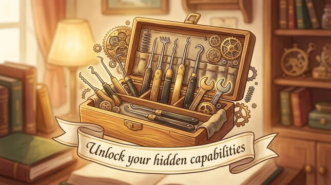 Steampunk toolbox with lock picks and gears, symbolizing unlocking potential and hidden skills, vintage office setting