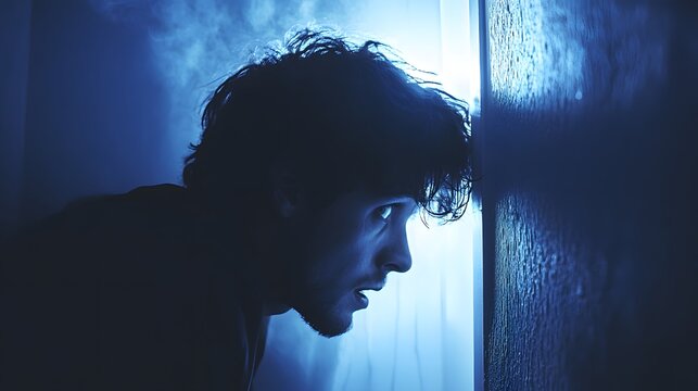 Nervous criminal suspect hiding behind wall, tense expression under blue light, clandestine activity implied &mdash; suspenseful atmosphere, urban crime thriller concept for media use.