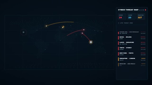 Cyber threat map with global attack trajectories and live feed on dark world map dashboard
