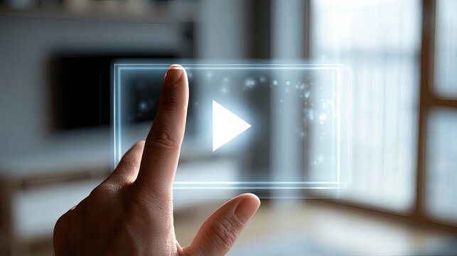 Hand touches illuminated play button on futuristic interactive screen