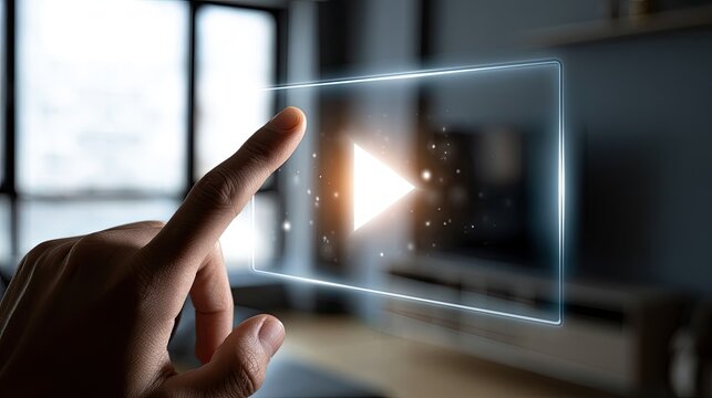 Finger presses play button on futuristic virtual interface in modern room
