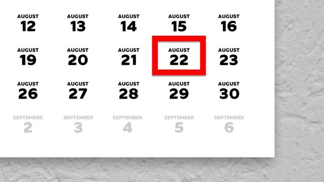 Red cursor highlighting August 22nd on a 2026 wall calendar page
