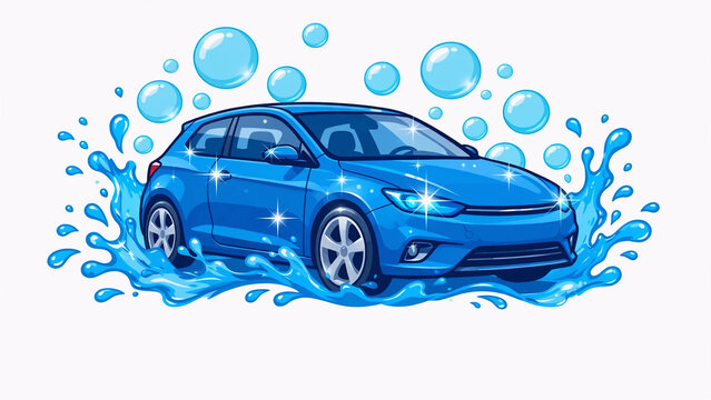 cartoon car covered in soap bubbles during a car wash, cheerful vehicle character isolated on a white background 