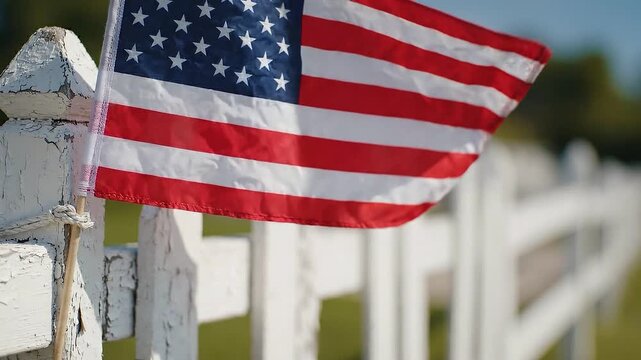 American Flag on Rural Fence A crisp American flag flutters gently in the breeze affixed to a weathered white wooden fence evoking a sense of patriotism and rural charm in a sun-drenched setting