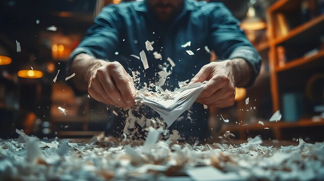 A man nervously shredding documents in a dimly lit office, symbolizing bankruptcy fraud and financial deceit. Chaotic atmosphere with scattered paper fragments. Professional setting.