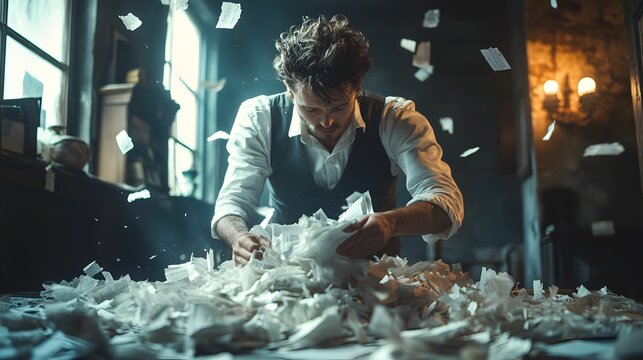 A man nervously shredding documents in a dimly lit office, papers flying as symbols of financial fraud and bankruptcy stress -- chaotic corporate scene with tense atmosphere.