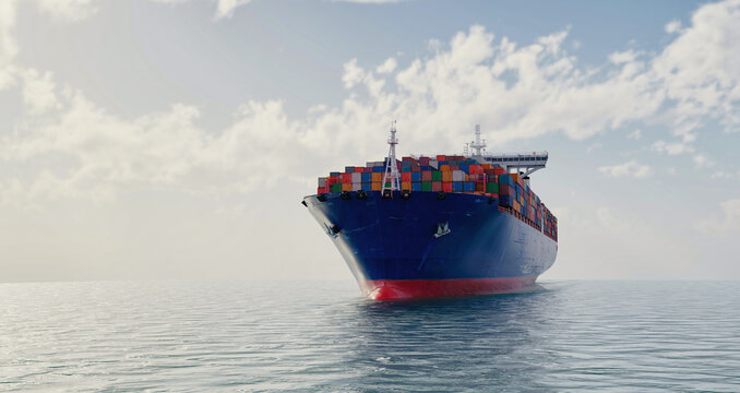 Large Container Ship Sailing on Open Ocean