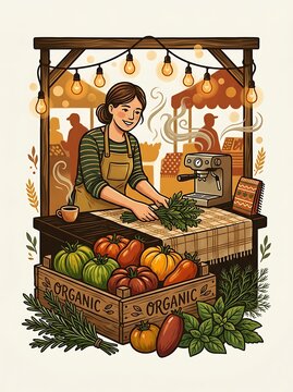Smiling woman at a farmers market stall with organic vegetables