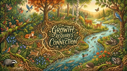 Fototapeta premium Vibrant forest ecosystem with diverse animals, river, and message about growth and connection