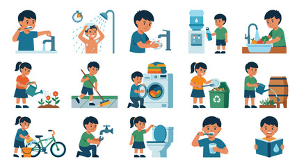 Fototapeta premium Kids Daily Routines and Responsibilities Flat Vector Illustration Set for Home and Education