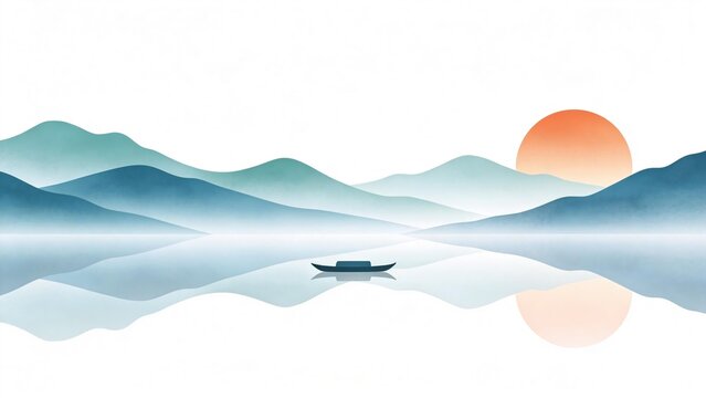 Blue landscape, solitary boat, setting sun, simple Chinese style background
