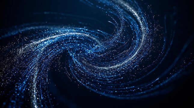 Dynamic blue particle vortex swirling in dark space