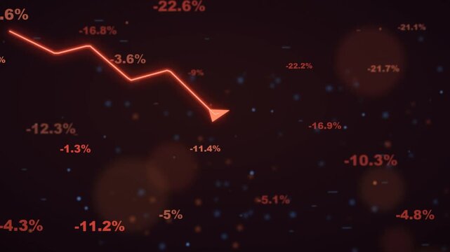 Financial market crash concept with red downward arrow and falling percentages on dark