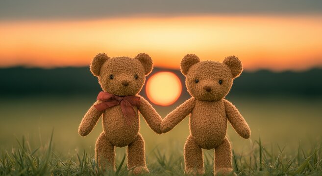 Two teddy bears hold hands at sunset in a grassy field