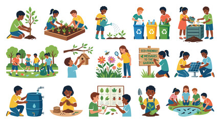 Fototapeta premium Children Environmental Education Flat Vector Illustration Set. Kids Learning Sustainability, Nature, and Eco-friendly Habits.