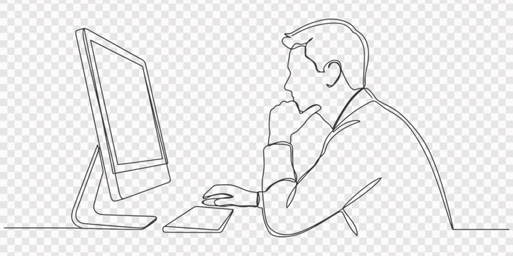 Continuous single drawn one line designer looks working monitor, Continuous one line drawing of young startup CEO thinking about company growth while looking at annual report on computer screen.