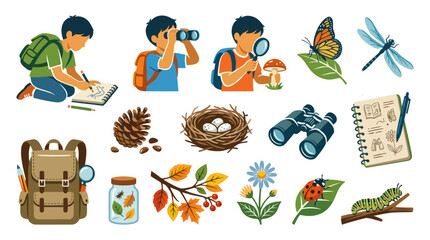 Fototapeta premium Kids Outdoor Nature Exploration Science Education Flat Vector Illustration Set with Discovery Elements