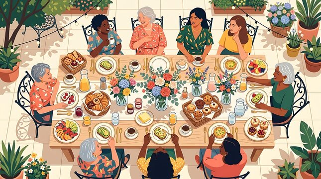 Diverse women sharing a colorful outdoor brunch on a sunny patio