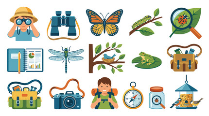 Fototapeta premium Nature Exploration Flat Icons: Kids, Binoculars, Butterfly, Insects, Camera