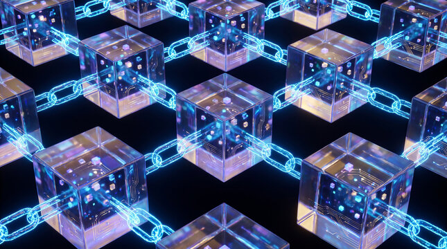 3D visualization of a blockchain network with luminous glass blocks containing electronic circuits, interlinked by glowing blue chains on a black background.