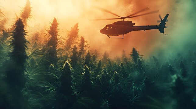 Police helicopter flies over dense marijuana field at sunset casting dramatic shadows. Surveillance operation in illegal cultivation zone. Tension, law enforcement, aerial patrol, crop monitoring.