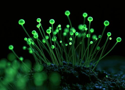 Bioluminescent spores emerge from dark earth, glowing with vibrant green light