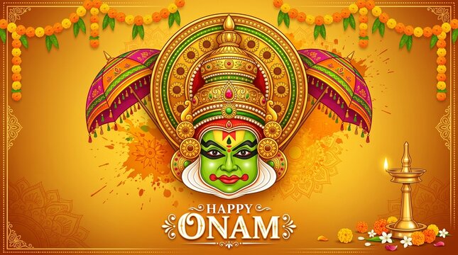 Happy Onam Festival Greeting with Kathakali Face and Traditional Lamp