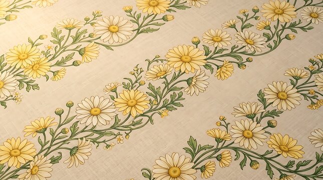 Elegant yellow daisy floral pattern on cream linen textile background