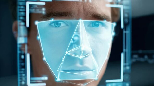 Facial Recognition Technology: A man's face is scanned by advanced facial recognition technology, displaying biometric data points and grid lines on a digital interface.
