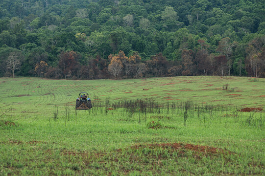 Expansive Green Field with Tractor in Yai Tourist Attractions Area
