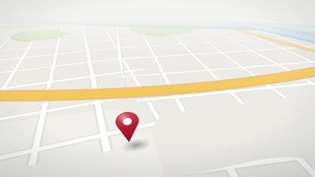 Animated 3D city map with red location pins dropping on roads for navigation and travel