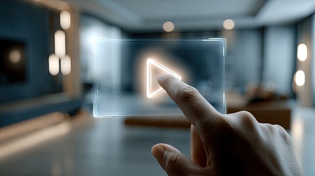 Finger pressing glowing play button on transparent screen in modern interior
