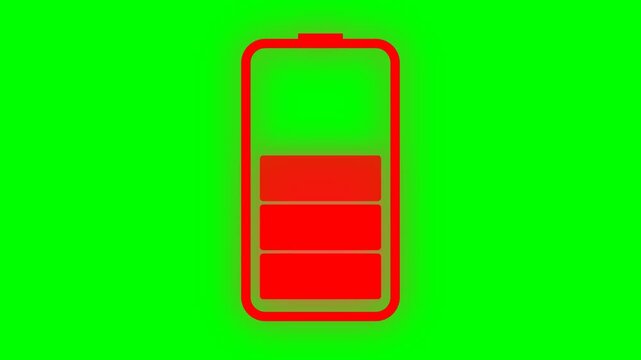 Red battery icon showing low charge on green screen, indicating critical power depletion and urgent need for recharge, symbolizing device warning, energy status, and efficiency