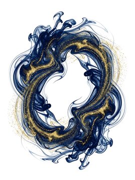 Abstract circular swirl of navy blue ink and gold glitter