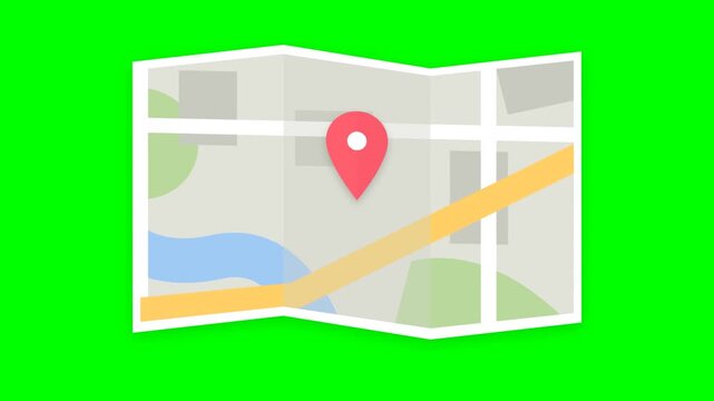 Folded Paper Map Icon Featuring a Red Location Pin Marker on a Chroma Key Green Background for Navigation and Tracking Graphics