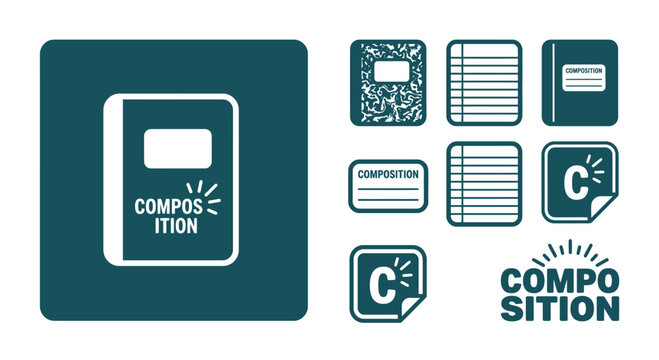 Minimalist Dark Teal Composition Notebook Icon Set with Flat Vector Stationery Symbols, Marble Cover, Lined Paper, Label Graphics for School and Office Supply Branding Graphics.