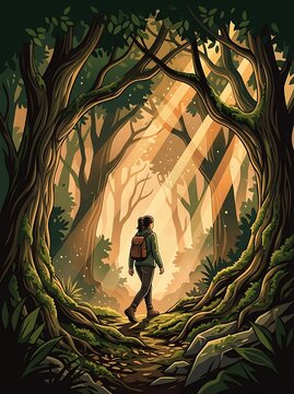 Hiker walking through a sunlit forest trail