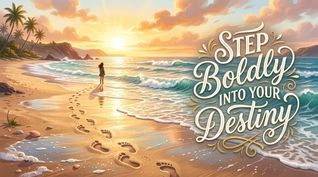 Woman walking on beach leaving footprints in the sand towards sunrise, inspirational message 'Step Boldly Into Your Destiny'
