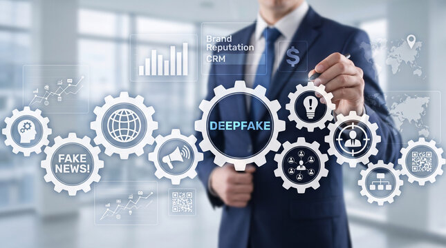 Corporate executive drawing on a digital holographic gear mechanism displaying deepfake and fake news warnings, emphasizing brand reputation and cybersecurity management.