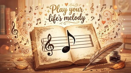 Fototapeta premium Vintage open music book with feather quill and inkwell, surrounded by musical notes and inspirational quote about life's melody