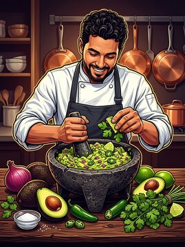 Smiling chef preparing fresh guacamole in a traditional stone mortar
